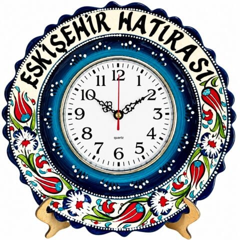 30 cm El Dekoru Kütahya Çini Duvar Saati – Lale Desenli Dekoratif Çini Saat