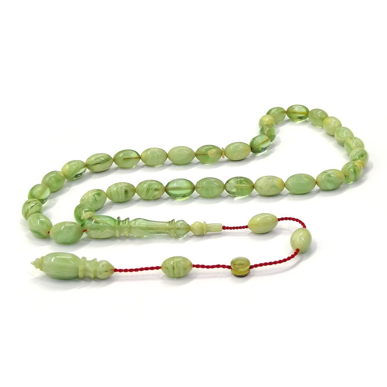 Sistemli Püsküllü Beyzi Kesim Usta İmzalı Cam Göbeği Yeşil Renk Sıkma Kehribar Tesbih