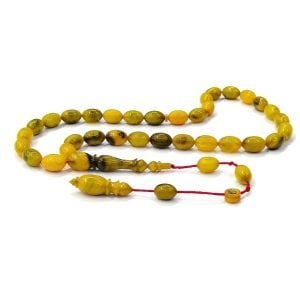 Sistem Püsküllü Beyzi Kesim Zeytin Yeşili Renk Sıkma Kehribar Tesbih