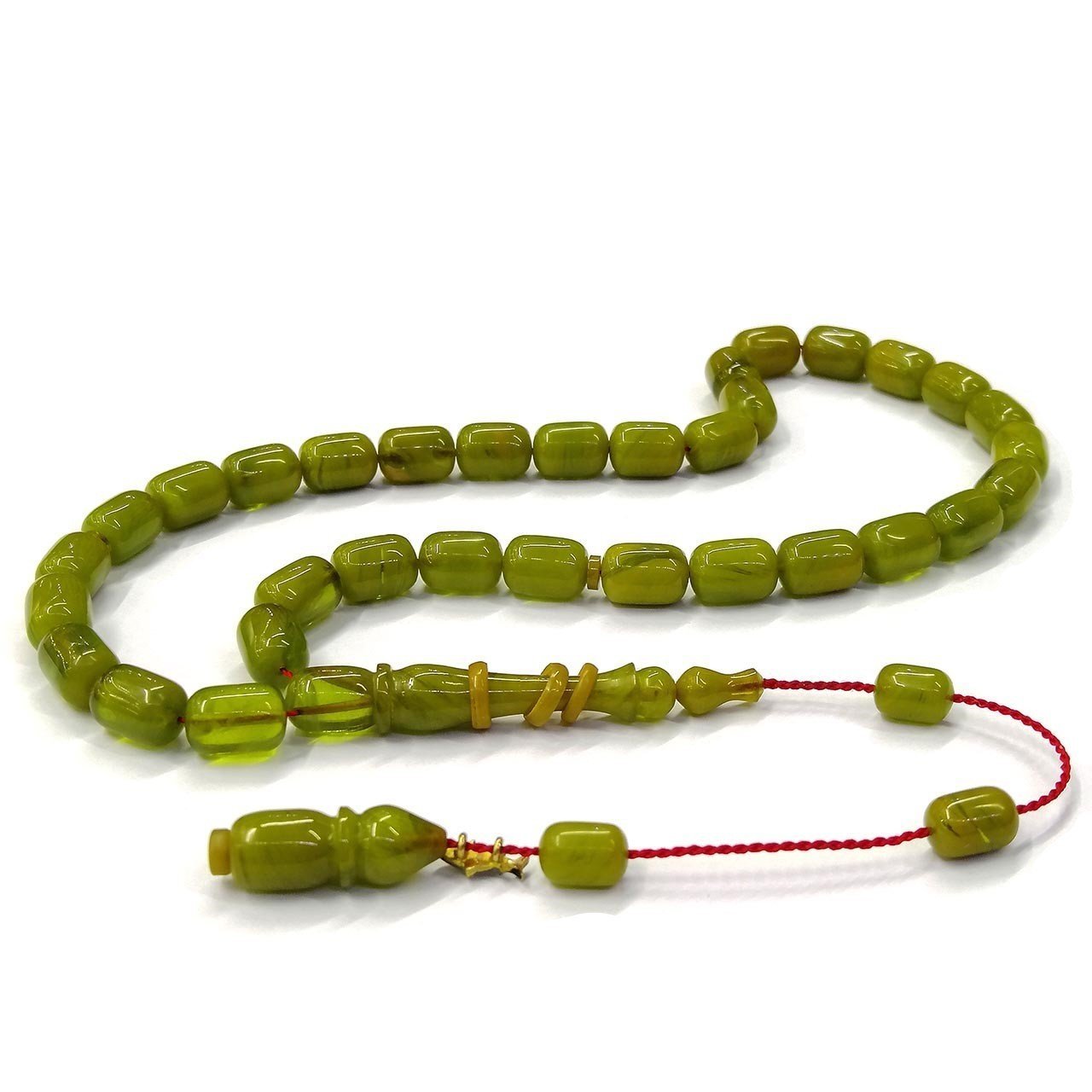 Sistemli Püsküllü Kapsül Kesim Fıstık Yeşili Renk Usta İmzalı Sıkma Kehribar Tesbih