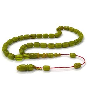 Sistemli Püsküllü Kapsül Kesim Fıstık Yeşili Renk Usta İmzalı Sıkma Kehribar Tesbih