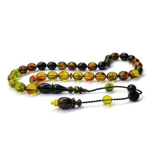 Sistemli Püsküllü Beyzi Kesim Yeşil Renk Sıkma Kehribar Tesbih