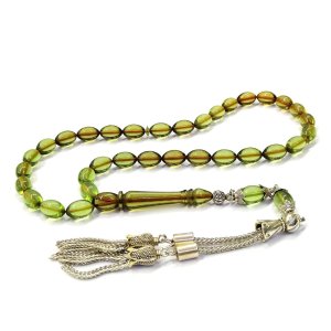 Metal Püsküllü Beyzi Kesim Yeşil Renk Ateş Kehribar Tesbih