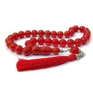 İpli Püsküllü Küre Kesim Kırmızı Renk Dev Boy Sıkma Kehribar Tesbih