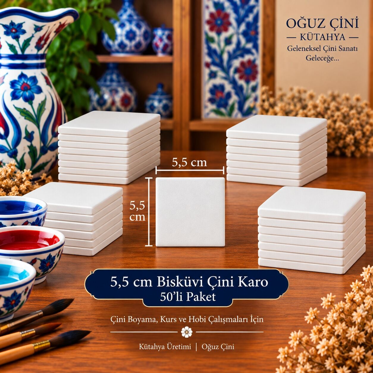 5 × 5 cm Çini Bisküvi Karo 50'li Paket