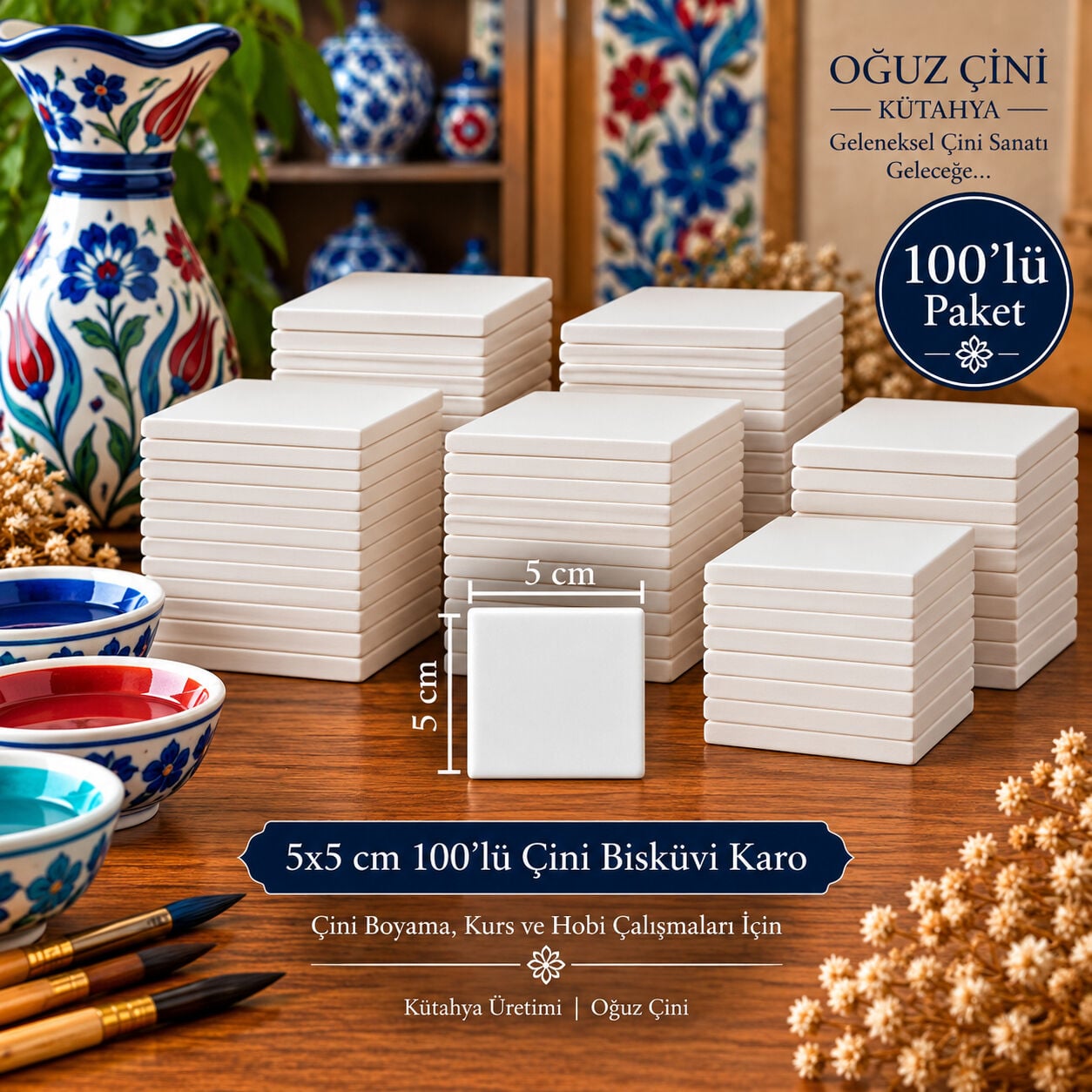 5 × 5 cm Çini Bisküvi Karo 100'lü Paket