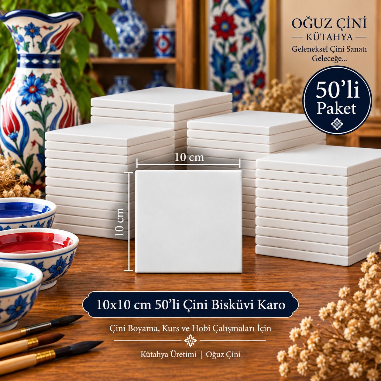 10 × 10 cm Çini Bisküvi Karo 50'li Paket