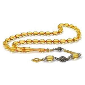 Pirinç Üzeri Altın Renk Kaplama Püsküllü Beyzi Kesim Şeffaf Sarı Ateş Kehribar Tesbih