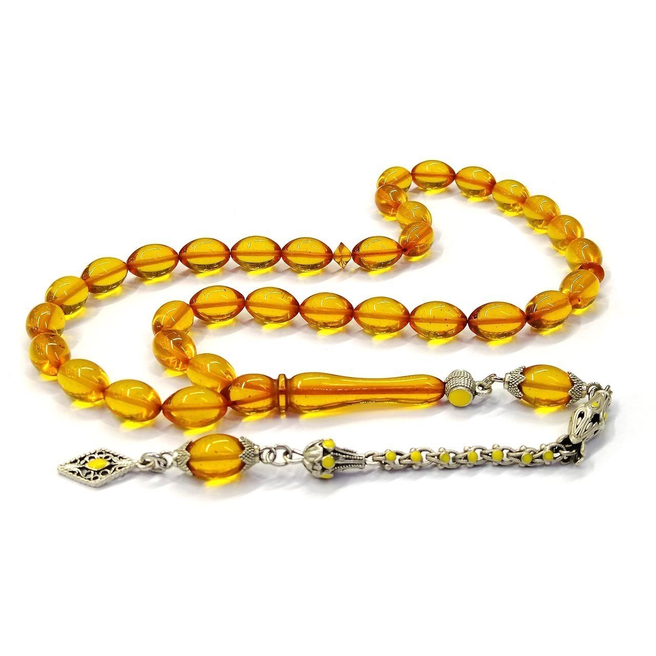 Pirinç Üzeri Gümüş Renk Kaplama Beyzi Kesim Sarı Renk Ateş Kehribar Tesbih