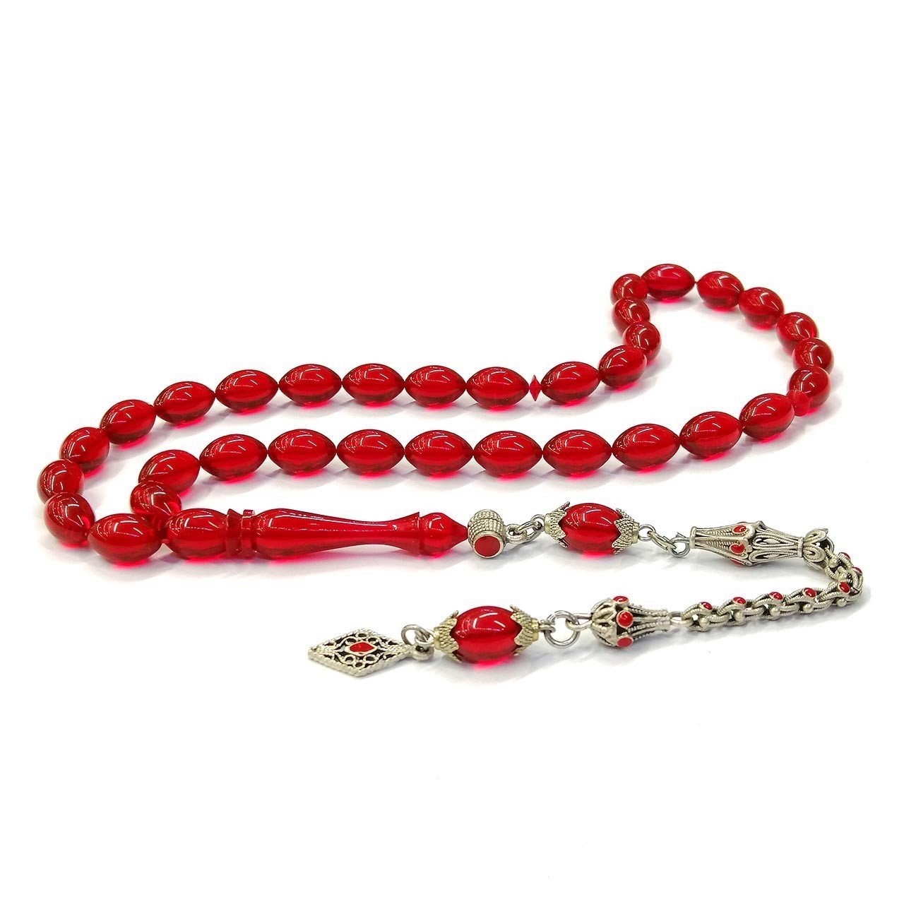 Pirinç Üzeri Gümüş Renk Kaplama Beyzi Kesim Kırmızı Renk Ateş Kehribar Tesbih