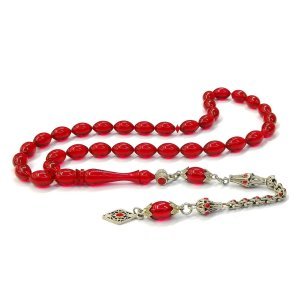 Pirinç Üzeri Gümüş Renk Kaplama Beyzi Kesim Kırmızı Renk Ateş Kehribar Tesbih