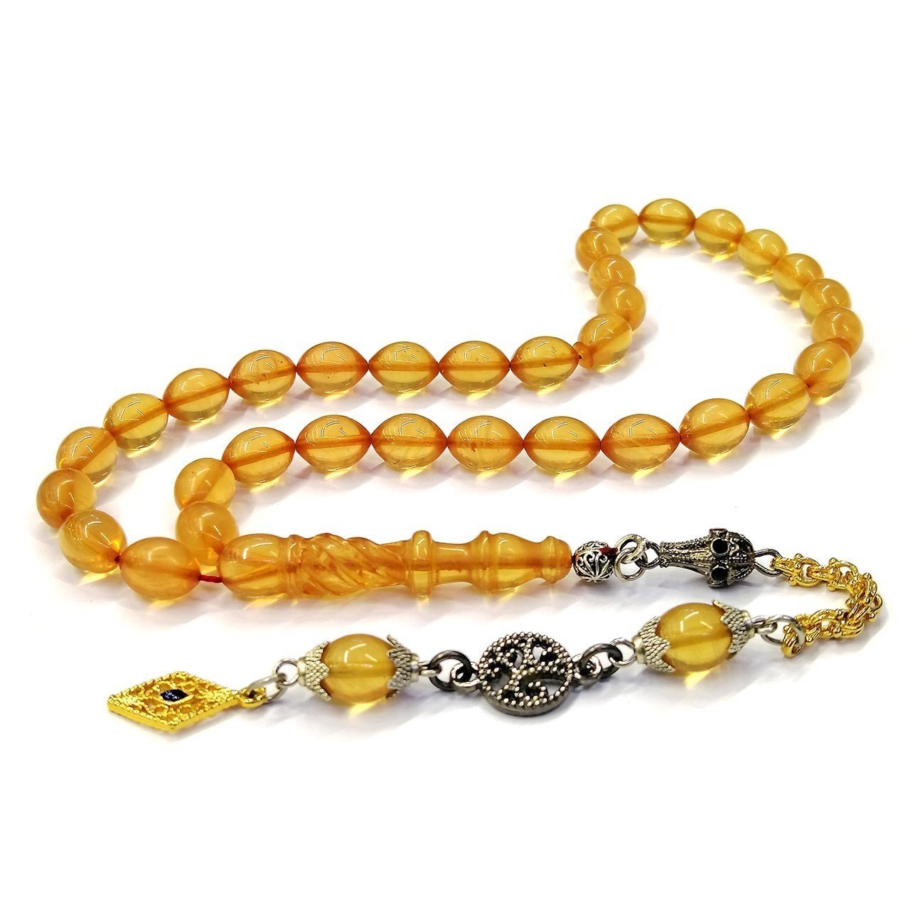 Pirinç Üzeri Altın Rengi Kaplama Püsküllü Beyzi Kesim Sarı Renk İmame Kalem İşçilikli Ateş Kehribar Tesbih