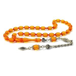 Gümüş Rengi Kaplama Beyzi Kesim Turuncu Renk Ateş Kehribar Tesbih