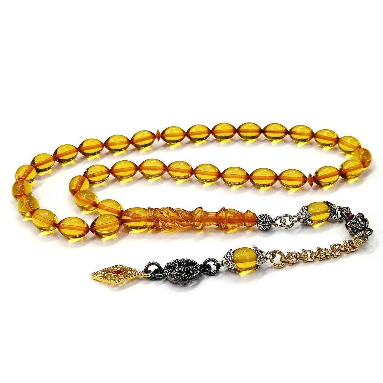 Pirinç Üzeri Altın Renk  Kaplama Kalem İşçilikli Beyzi Kesim Sarı Ateş Kehribar Tesbih