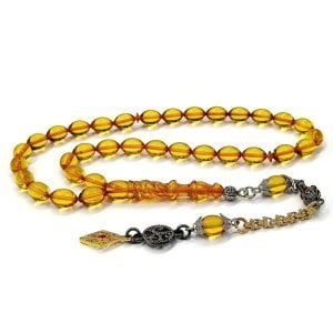 Pirinç Üzeri Altın Renk  Kaplama Kalem İşçilikli Beyzi Kesim Sarı Ateş Kehribar Tesbih