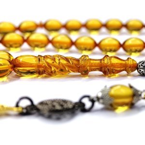 Pirinç Üzeri Altın Renk  Kaplama Kalem İşçilikli Beyzi Kesim Sarı Ateş Kehribar Tesbih