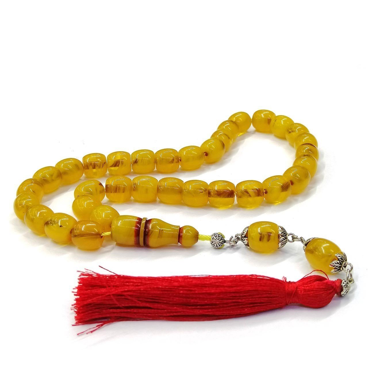 Sarı Renk Damarlı İp Püsküllü Sıkma Kehribar Tesbih