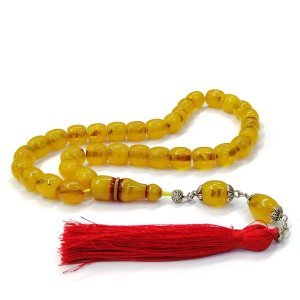 Sarı Renk Damarlı İp Püsküllü Sıkma Kehribar Tesbih