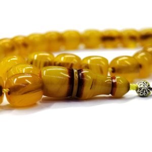 Sarı Renk Damarlı İp Püsküllü Sıkma Kehribar Tesbih