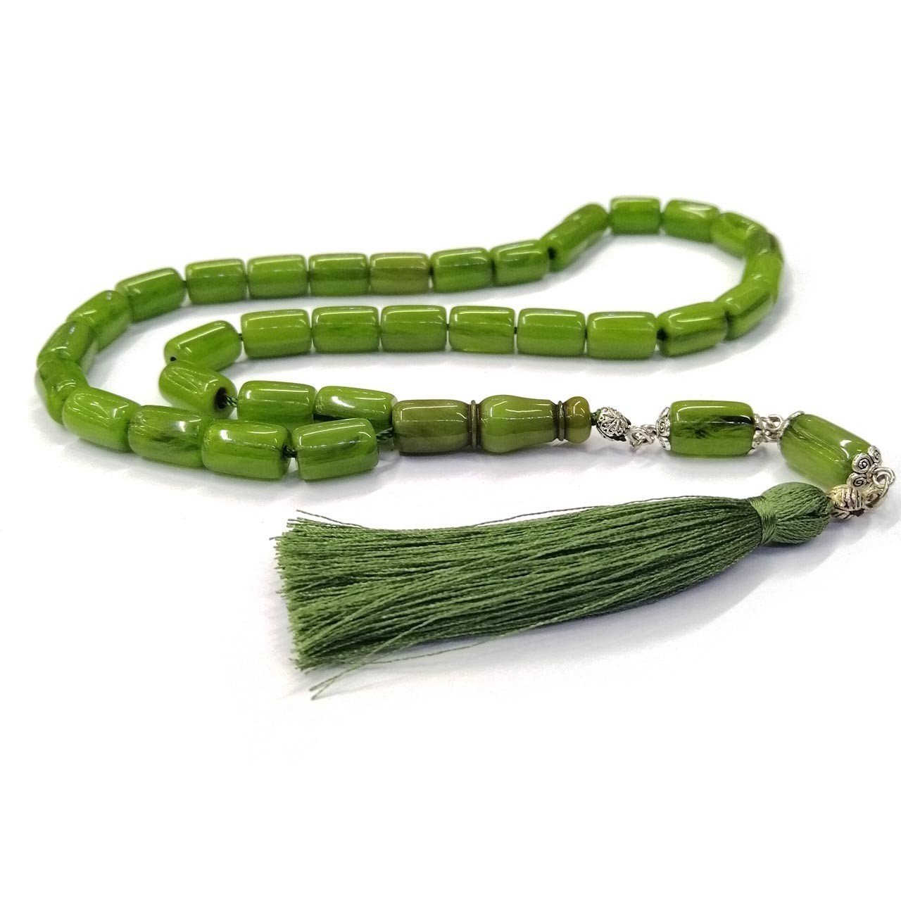 Yeşil Hamur Kesme Model İp Püsküllü Sıkma Kehribar Tesbih