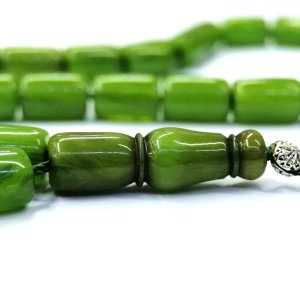 Yeşil Hamur Kesme Model İp Püsküllü Sıkma Kehribar Tesbih