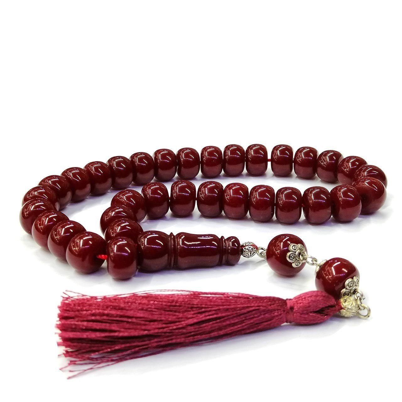 Birebir Osmanlı Modeli Vişne Rengi İp Püsküllü Sıkma Kehribar Tesbih