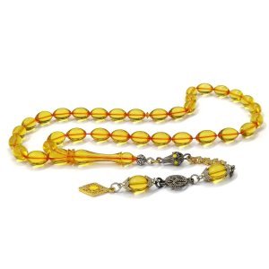 Sarı Renkli Pirinç Üzeri Altın Renk Kaplama Püsküllü Ateş Kehribar Tesbih