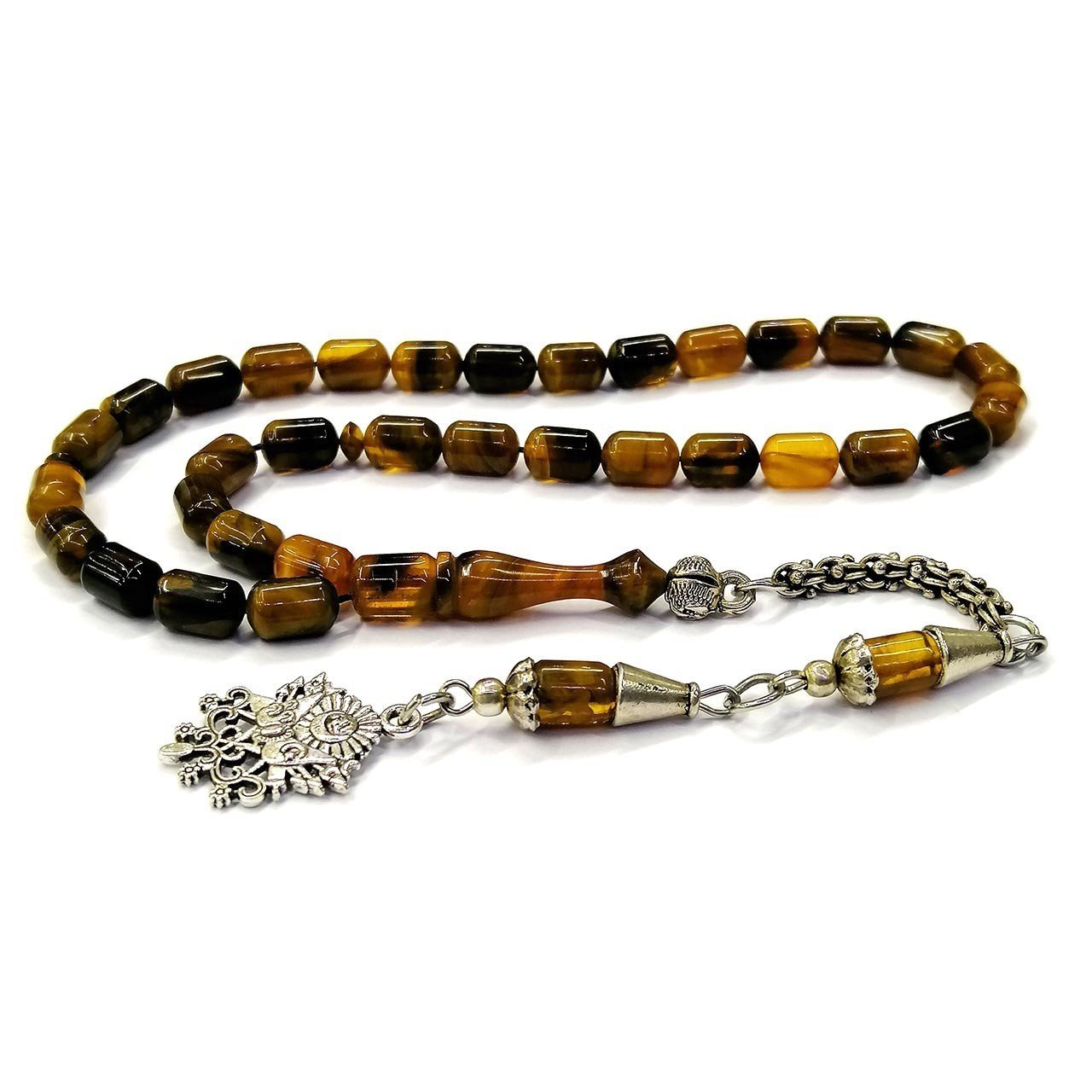 Mini Boy 925 Ayar Zinciri Püsküllü Sarı Siyah Renk Sıkma Kehribar Tesbih