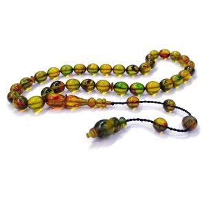 Usta İmzalı Sistemli Püsküllü Beyzi Kesim Yeşil Renk Ateş Kehribar Tesbih