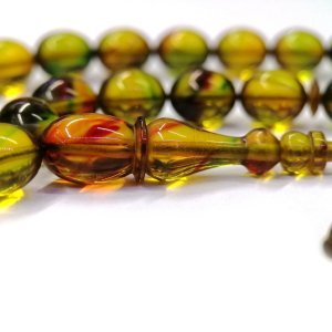 Usta İmzalı Sistemli Püsküllü Beyzi Kesim Yeşil Renk Ateş Kehribar Tesbih