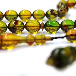 Usta İmzalı Sistemli Püsküllü Beyzi Kesim Yeşil Renk Ateş Kehribar Tesbih