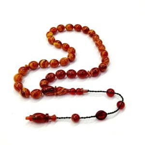 Usta İmzalı Sistemli Püsküllü Beyzi Kesim Turuncu Renk Sıkma Kehribar Tesbih