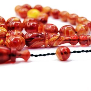 Usta İmzalı Sistemli Püsküllü Beyzi Kesim Turuncu Renk Sıkma Kehribar Tesbih