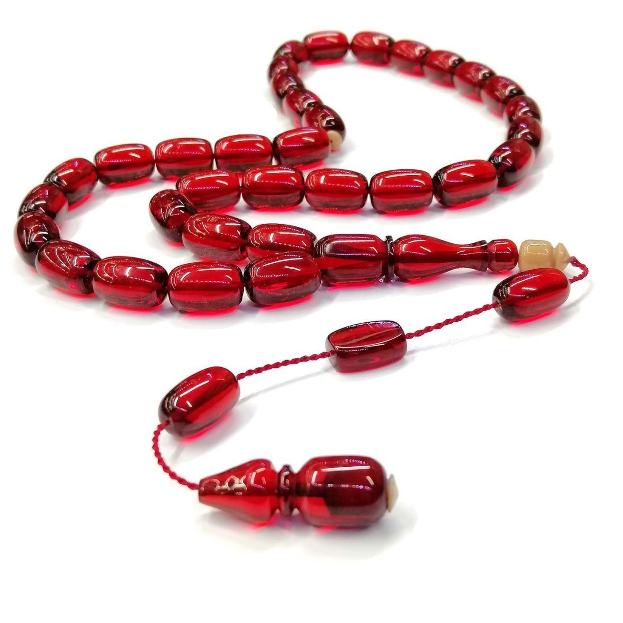 Sistemli Püsküllü Kapsül Kesim Kırmızı Renk Ateş Kehribar Tesbih