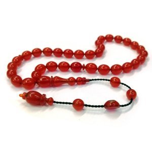 Usta İmzalı Sistemli Püsküllü Beyzi Kesim Kırmızı Renk Ateş Kehribar Tesbih