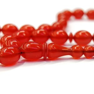 Usta İmzalı Sistemli Püsküllü Beyzi Kesim Kırmızı Renk Ateş Kehribar Tesbih