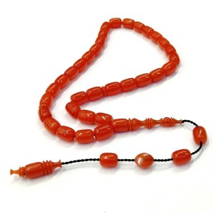 Usta İmzalı Sistemli Püsküllü Kapsül Kesim Turuncu Renk Sıkma Kehribar Tesbih