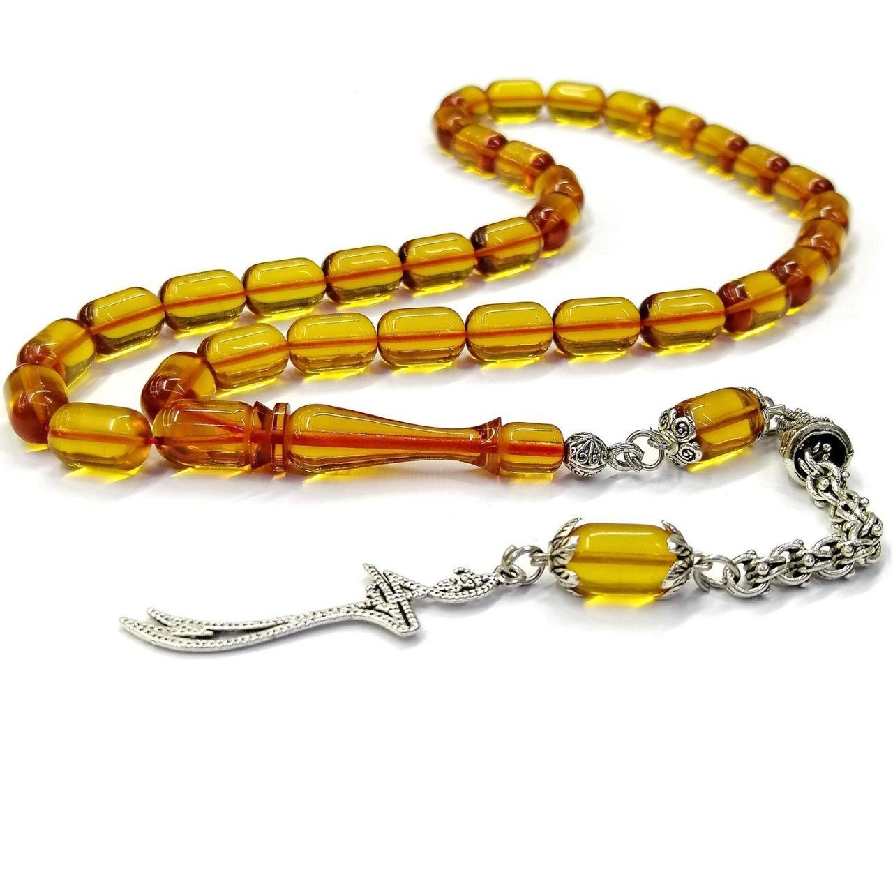 Kararmaz Püsküllü Kapsül Kesim Şeffaf Sarı Ateş Kehribar Tesbih