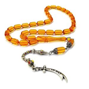 Mineli Püsküllü Kapsül Kesim Turuncu Renk Ateş Kehribar Tesbih