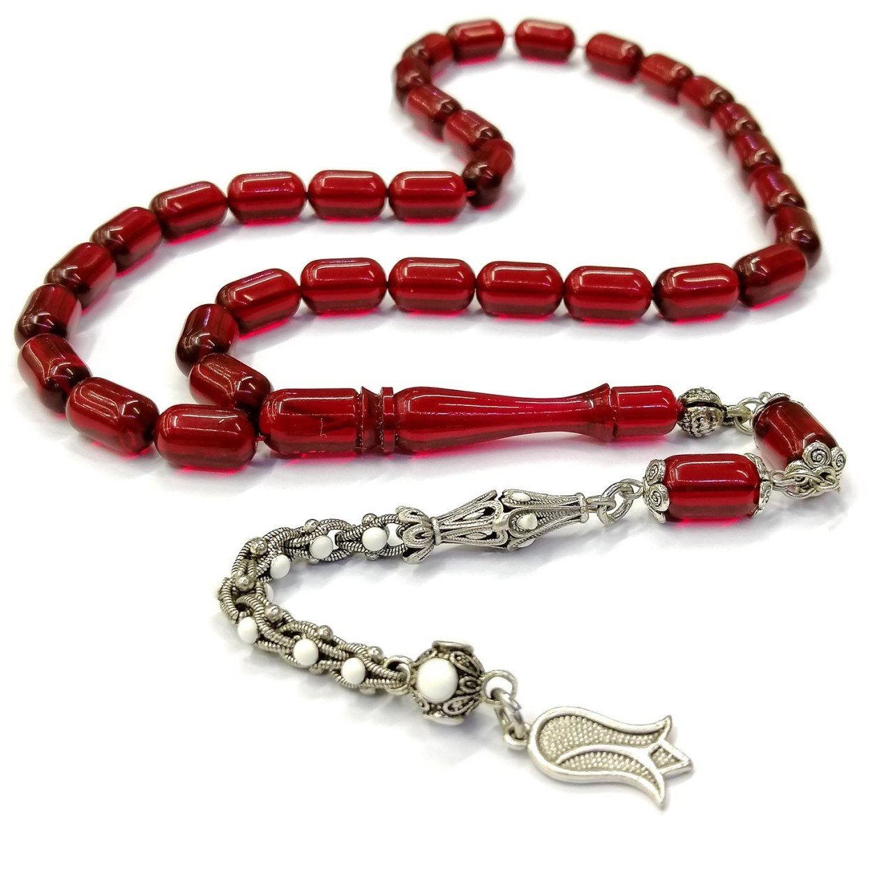 Mineli Püsküllü Kapsül Kesim Kırmızı Renk Ateş Kehribar Tesbih