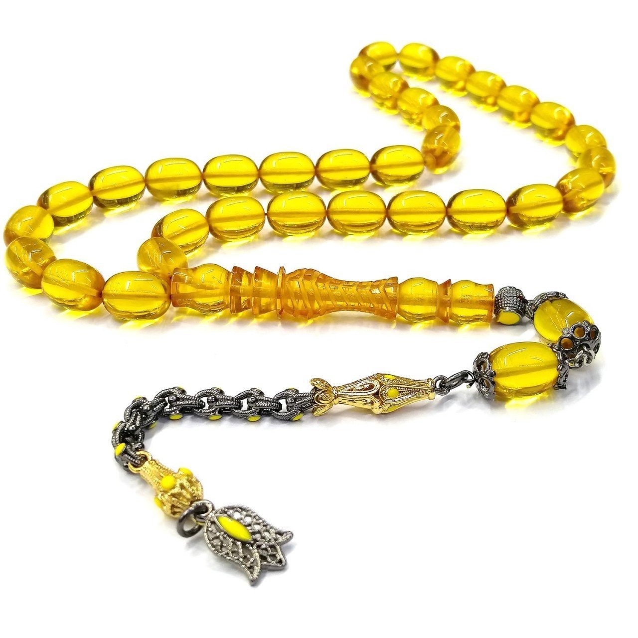 Mineli Püsküllü Kalem İşçilikli İmameli Kapsül Kesim Sarı Ateş Kehribar Tesbih