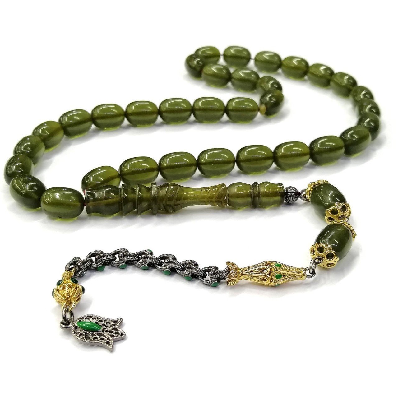 Mineli Püsküllü Kalem İşçilikli İmameli Kapsül Kesim Yeşil Renk Ateş Kehribar Tesbih