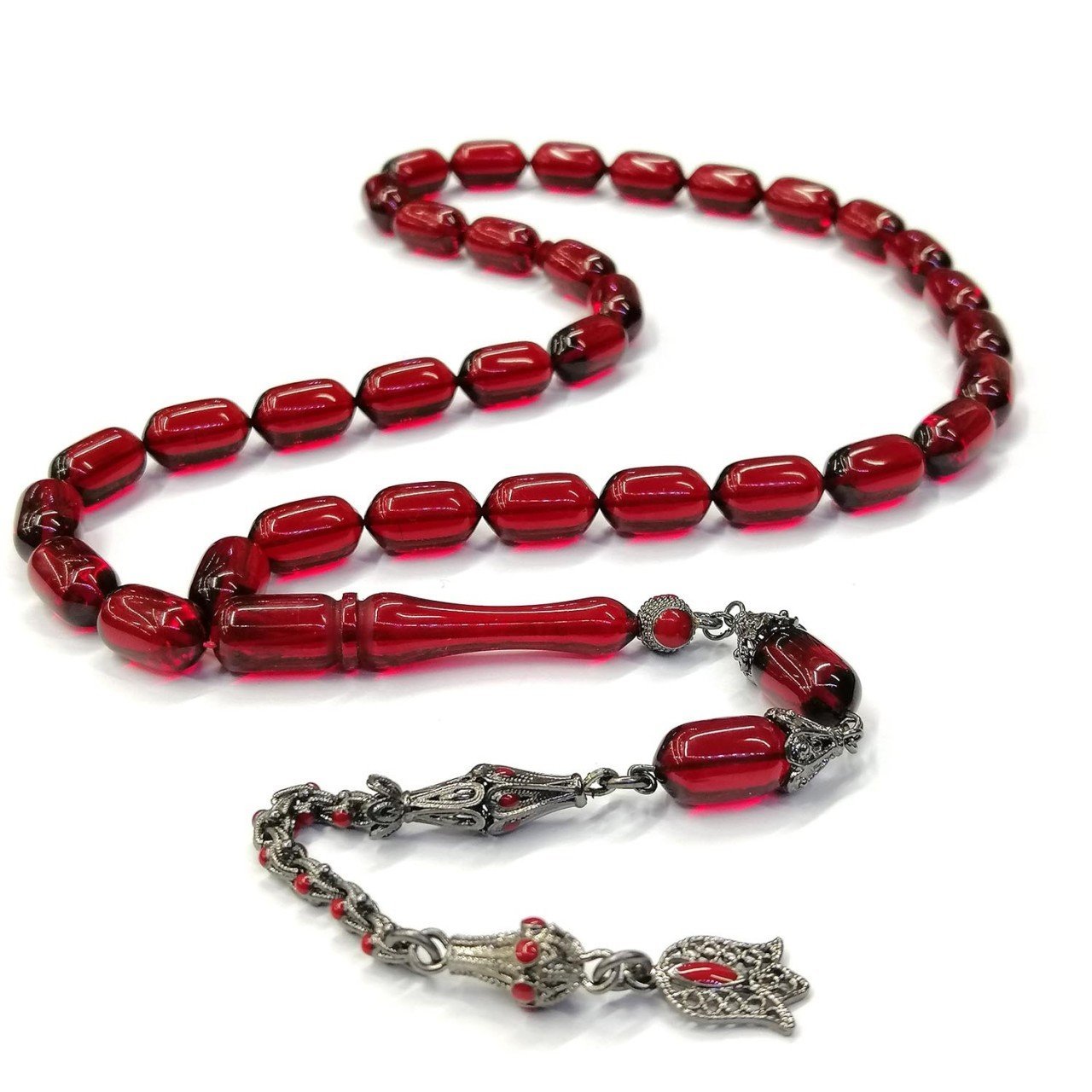 Mineli Püsküllü Kapsül Kesim Kırmızı Renk Ateş Kehribar Tesbih