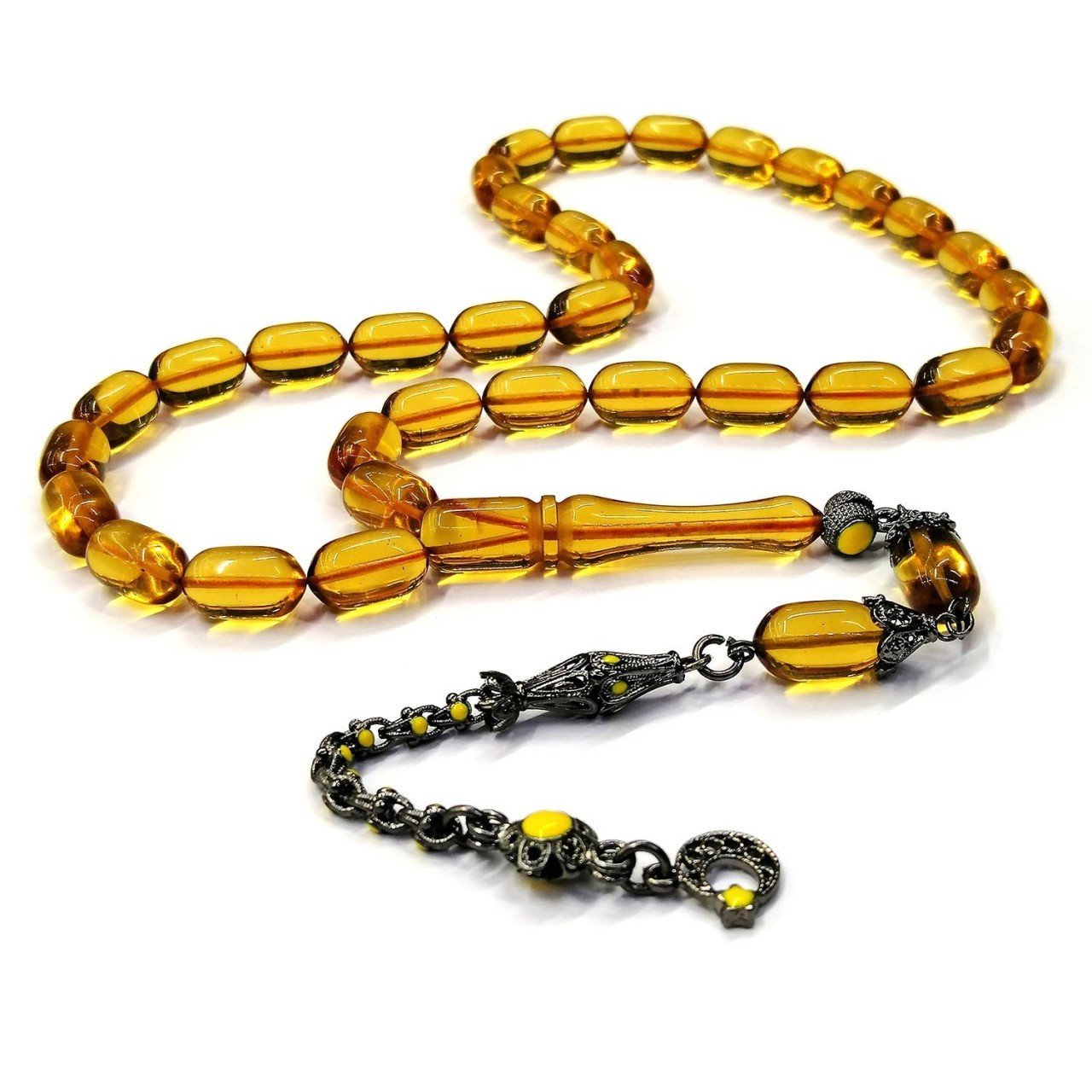 Mineli Püsküllü Kapsül Kesim Sarı Renk Ateş Kehribar Tesbih