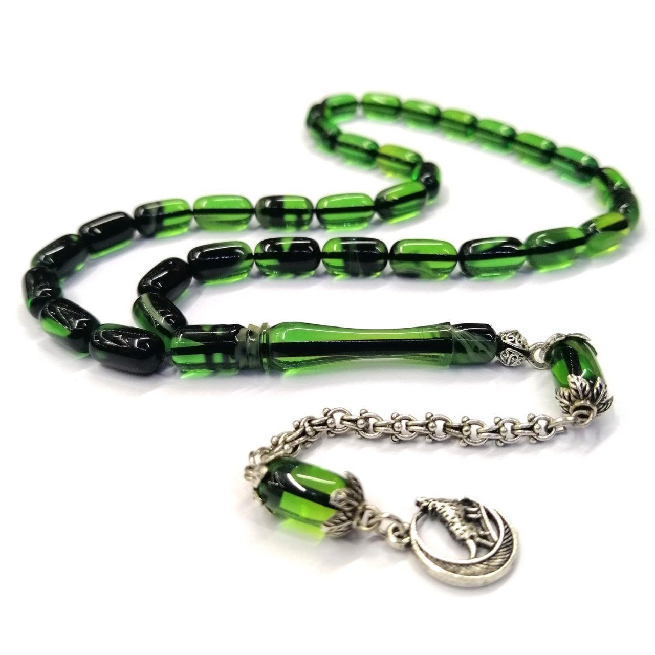 Kapsül Kesim Yeşil Renk Siyah Damarlı Ateş Kehribar Tesbih