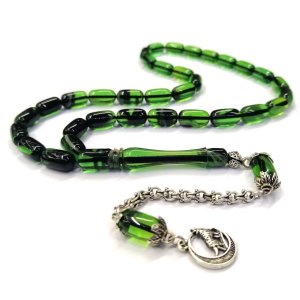 Kapsül Kesim Yeşil Renk Siyah Damarlı Ateş Kehribar Tesbih