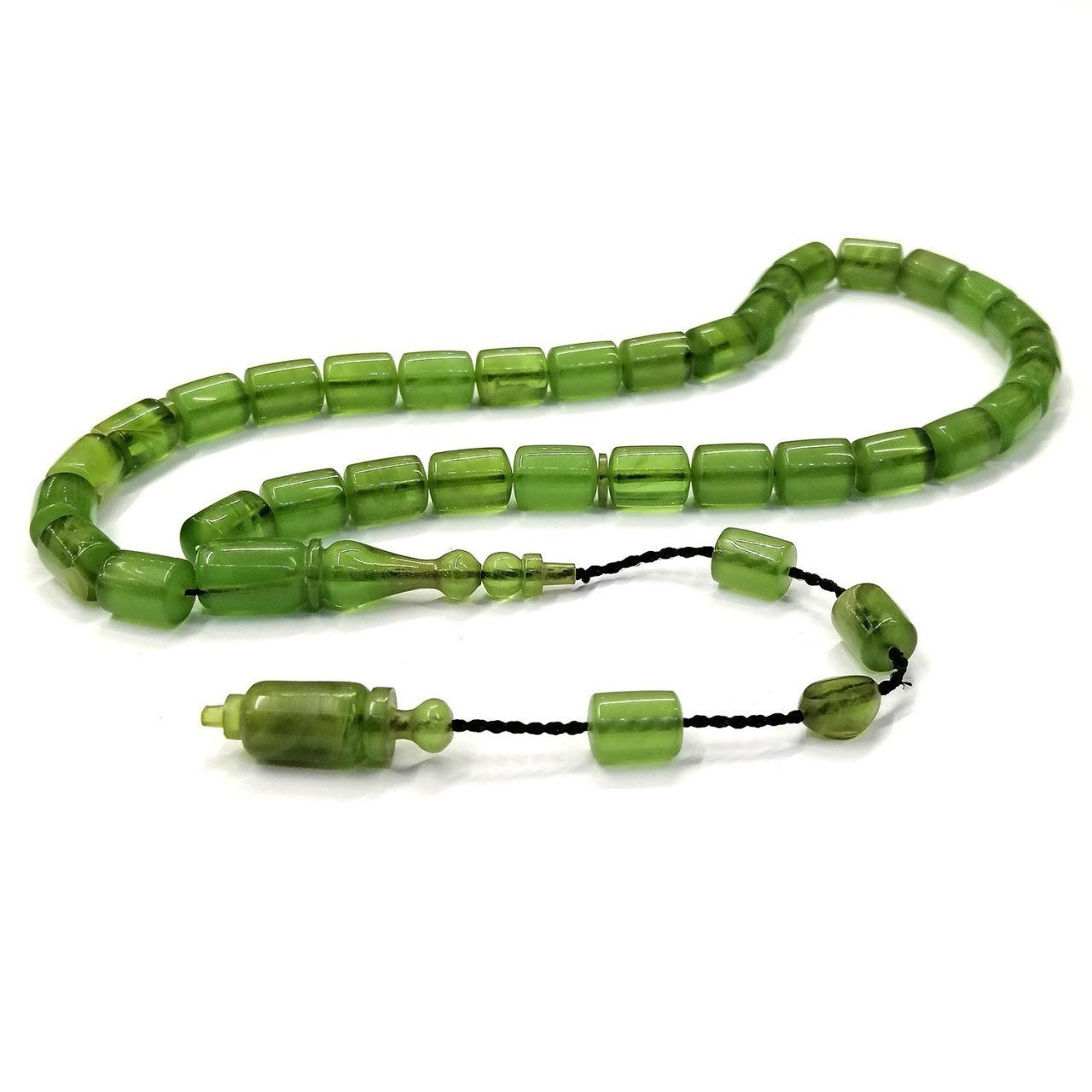 Usta İmzalı Sistemli Püsküllü Kapsül Kesim Yeşil Renk Sıkma Kehribar Tesbih