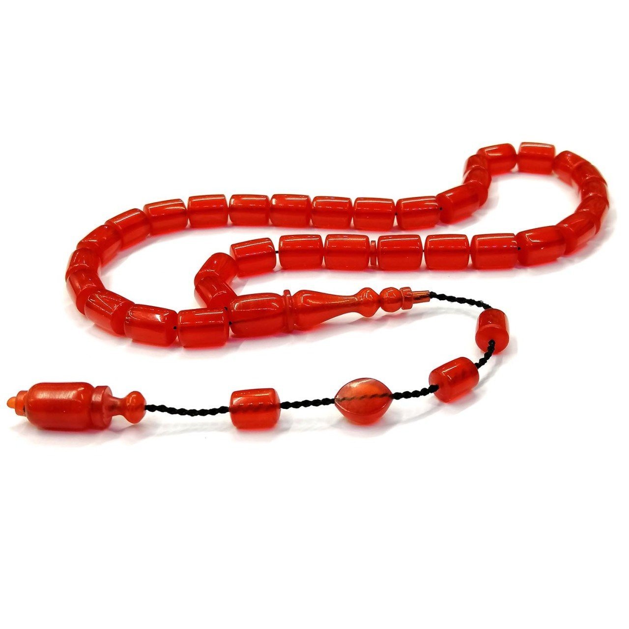 Usta İmzalı Sistemli Püsküllü Kapsül Kesim Turuncu Renk Sıkma Kehribar Tesbih