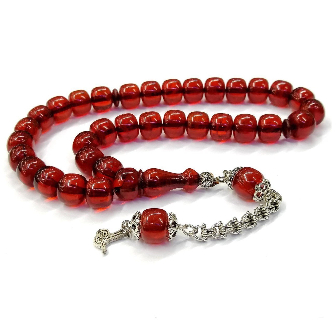 Kararmaz Püsküllü Teker Kesim Kırmızı Renk Sıkma Kehribar Tesbih