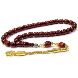 Sarı Renk Kaplama Kararmaz Püsküllü Teker Kesim Kırmızı Sıkma Kehribar Tesbih